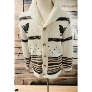 VINTAGE‎ Caldwell Wool Knit Sweater Cardigan Knit-Rite Canada birds L 50s 60s